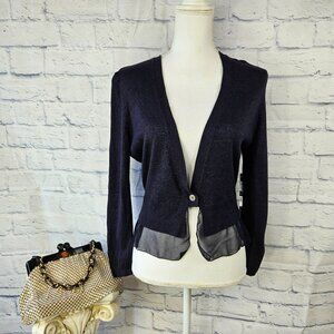 NWT Nic + Zoe Size M Deep Blue One Button Sheer Hem Cardigan Sweater MSRP $128
